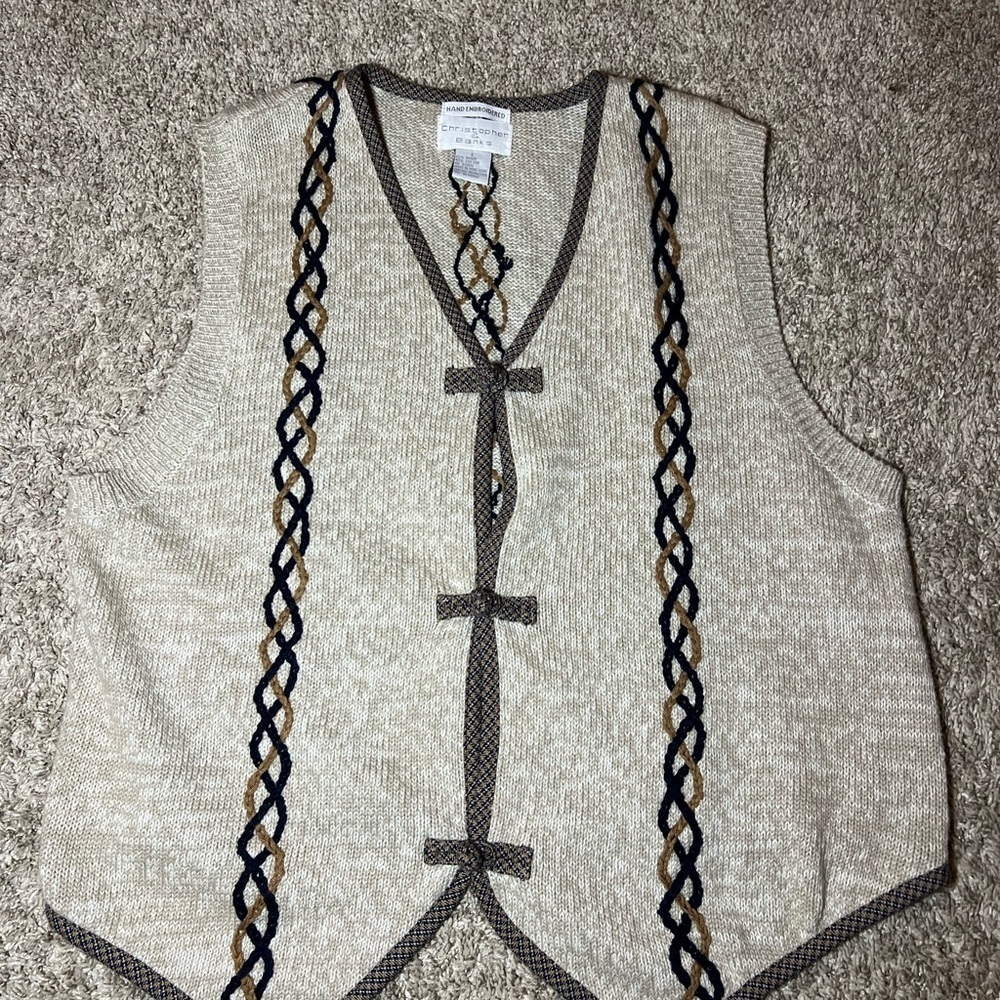 Beige Knit Vest with Braided Trim